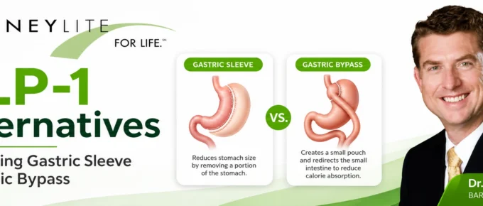 Dr. Trace Curry with JourneyLite graphic comparing GLP-1 alternatives, gastric sleeve, and gastric bypass surgery.