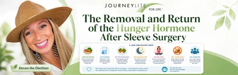 Devon the Dietitian featured with JourneyLite branding and long-term success habits for hunger hormone changes after sleeve surgery.