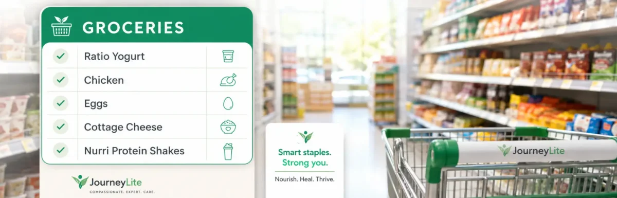 JourneyLite bariatric staple foods grocery list with protein-rich foods for patients after weight loss surgery.