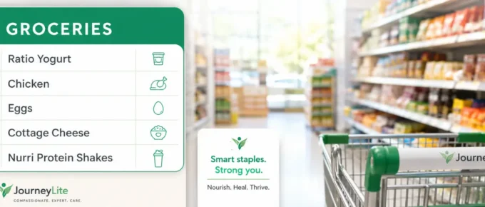 JourneyLite bariatric staple foods grocery list with protein-rich foods for patients after weight loss surgery.
