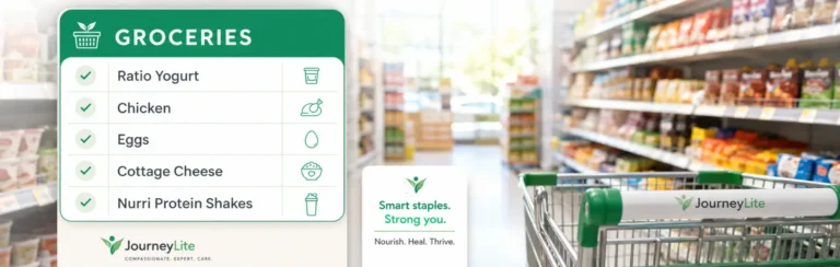 JourneyLite bariatric staple foods grocery list with protein-rich foods for patients after weight loss surgery.