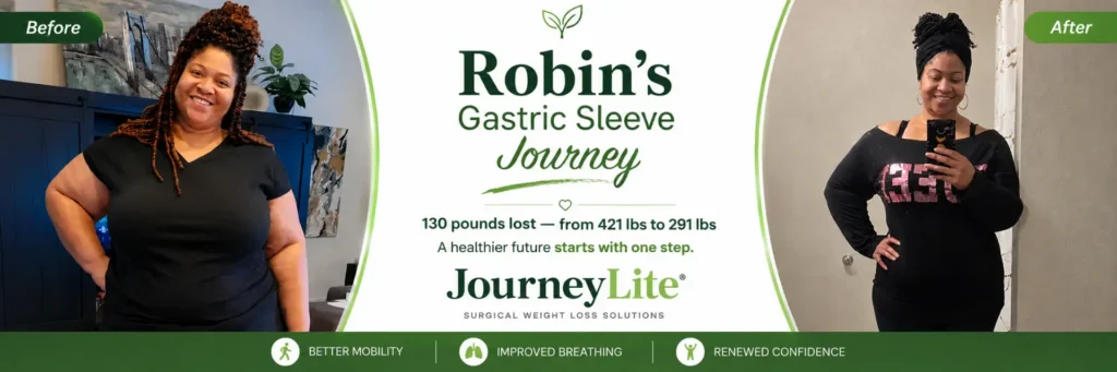JourneyLite gastric sleeve before and after weight loss success photo of a patient named Robin, who lost 130 pounds, dropping from 421 lbs to 291 lbs.