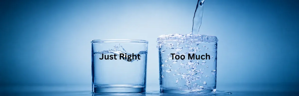 Two glasses of water labeled “Just Right” and “Too Much,” illustrating the importance of portion size and eating slowly after bariatric surgery.