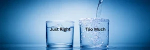 Two glasses of water labeled “Just Right” and “Too Much,” illustrating the importance of portion size and eating slowly after bariatric surgery.