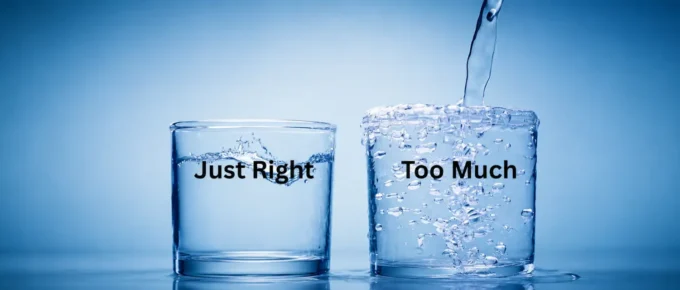 Two glasses of water labeled “Just Right” and “Too Much,” illustrating the importance of portion size and eating slowly after bariatric surgery.