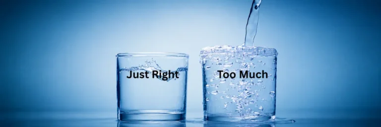 Two glasses of water labeled “Just Right” and “Too Much,” illustrating the importance of portion size and eating slowly after bariatric surgery.