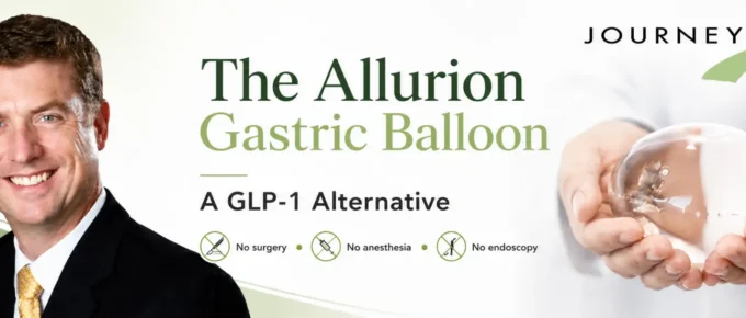 Dr. Trace Curry with JourneyLite logo and Allurion gastric balloon for a GLP-1 alternative weight loss article.