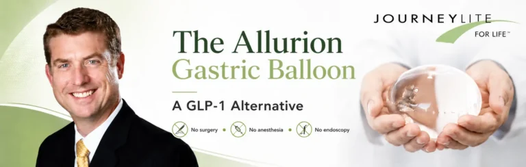 Dr. Trace Curry with JourneyLite logo and Allurion gastric balloon for a GLP-1 alternative weight loss article.