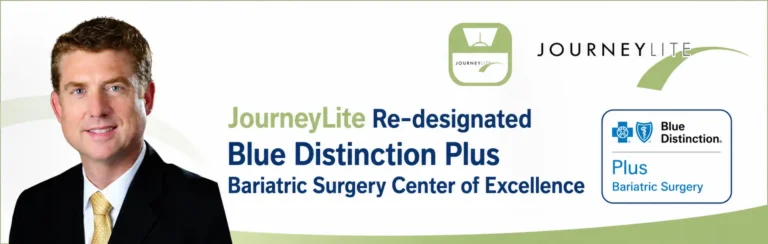Featured image announcing JourneyLite Surgery Center’s re-designation as a Blue Distinction Plus Bariatric Surgery Center of Excellence. The image features Dr. Trace Curry, JourneyLite branding, and the Blue Distinction Plus bariatric surgery recognition badge in a clean green, white, and blue design.
