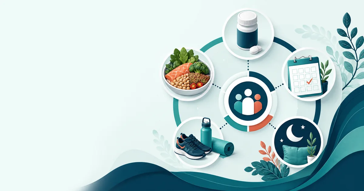 Illustration of medical weight management combining medication, nutrition, activity, sleep and clinical follow-up