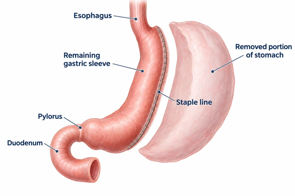 Gastric sleeve anatomy showing the remaining stomach, staple line, removed portion, esophagus, pylorus, and duodenum.