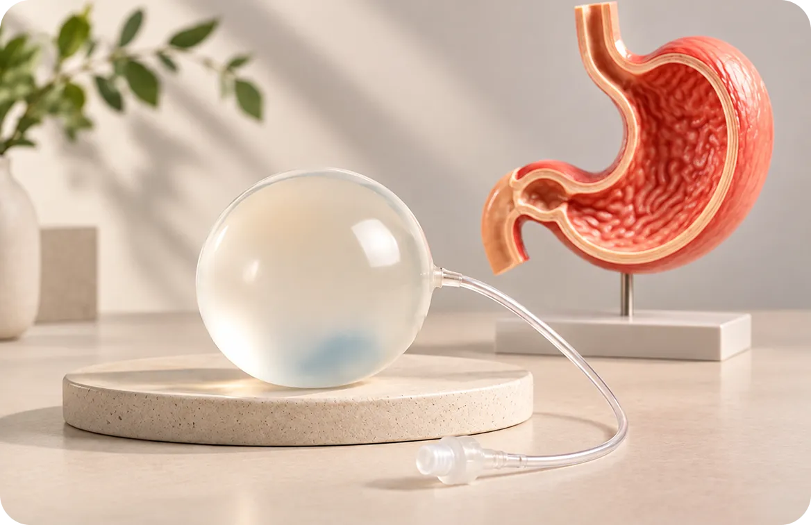 Gastric balloon next to a model of the stomach